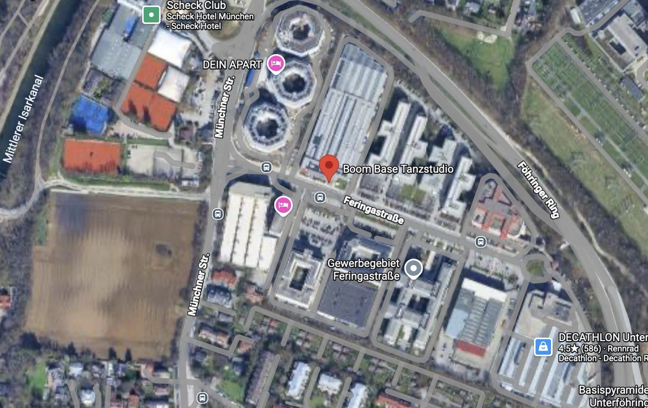 Kartenausschnitt von Unterföhring mit dem Standort des Boom Base Tanzstudios in der Feringastraße 5